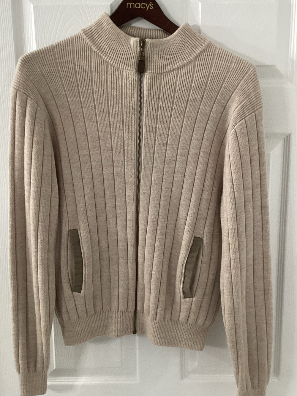 Orvis Men's Beige Ribbed Zip-Up wool Sweater Jacket